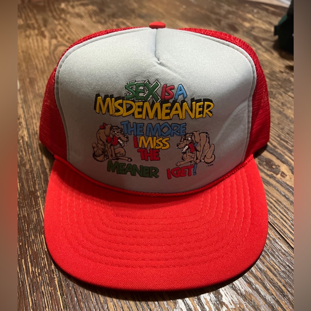 Vintage “Sex is a Misdemeaner” Dirty Dog Cap Red Foam Trucker Snap Back Hat